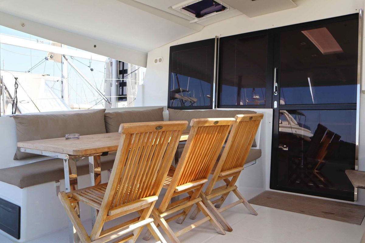 Deck of ALISA, a Fountaine Pajot Lucia 40 catamaran at Municipal Unit of Lefkada, Greece