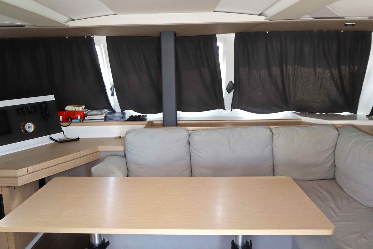 Salon of ALISA, a Fountaine Pajot Lucia 40 catamaran at Municipal Unit of Lefkada, Greece