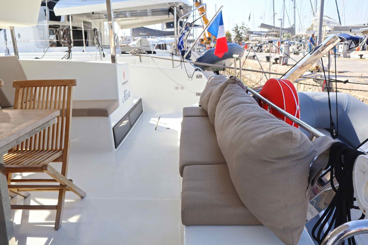 Deck of ALISA, a Fountaine Pajot Lucia 40 catamaran at Municipal Unit of Lefkada, Greece