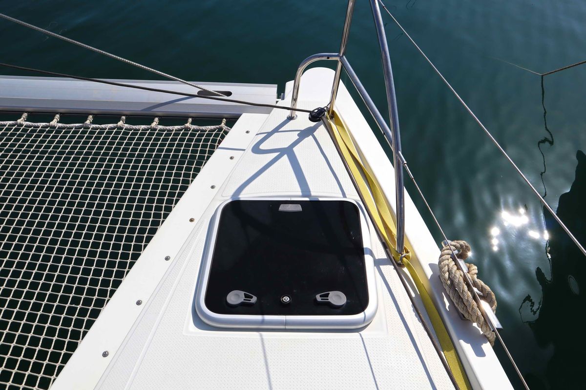 Deck of ALISA, a Fountaine Pajot Lucia 40 catamaran at Municipal Unit of Lefkada, Greece