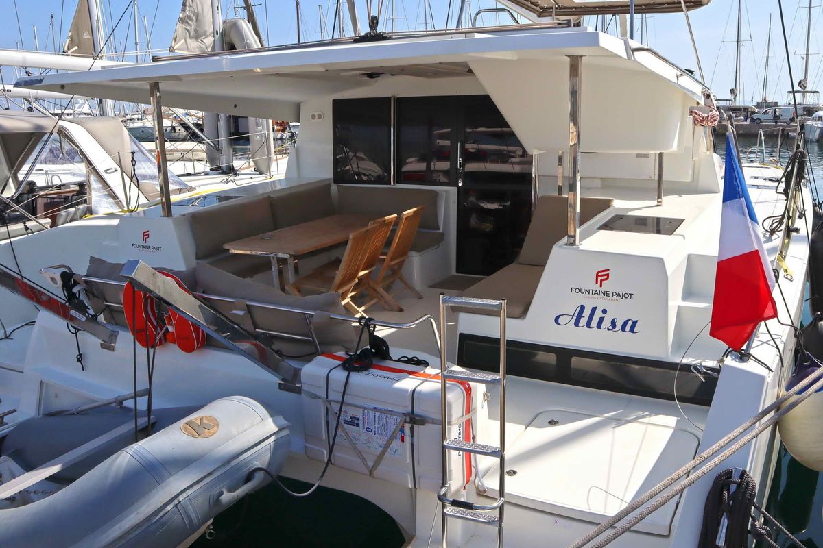 Exterior view of ALISA, a Fountaine Pajot Lucia 40 catamaran at Municipal Unit of Lefkada, Greece