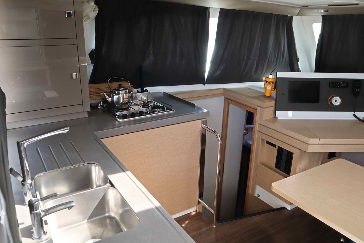 Galley of ALISA, a Fountaine Pajot Lucia 40 catamaran at Municipal Unit of Lefkada, Greece
