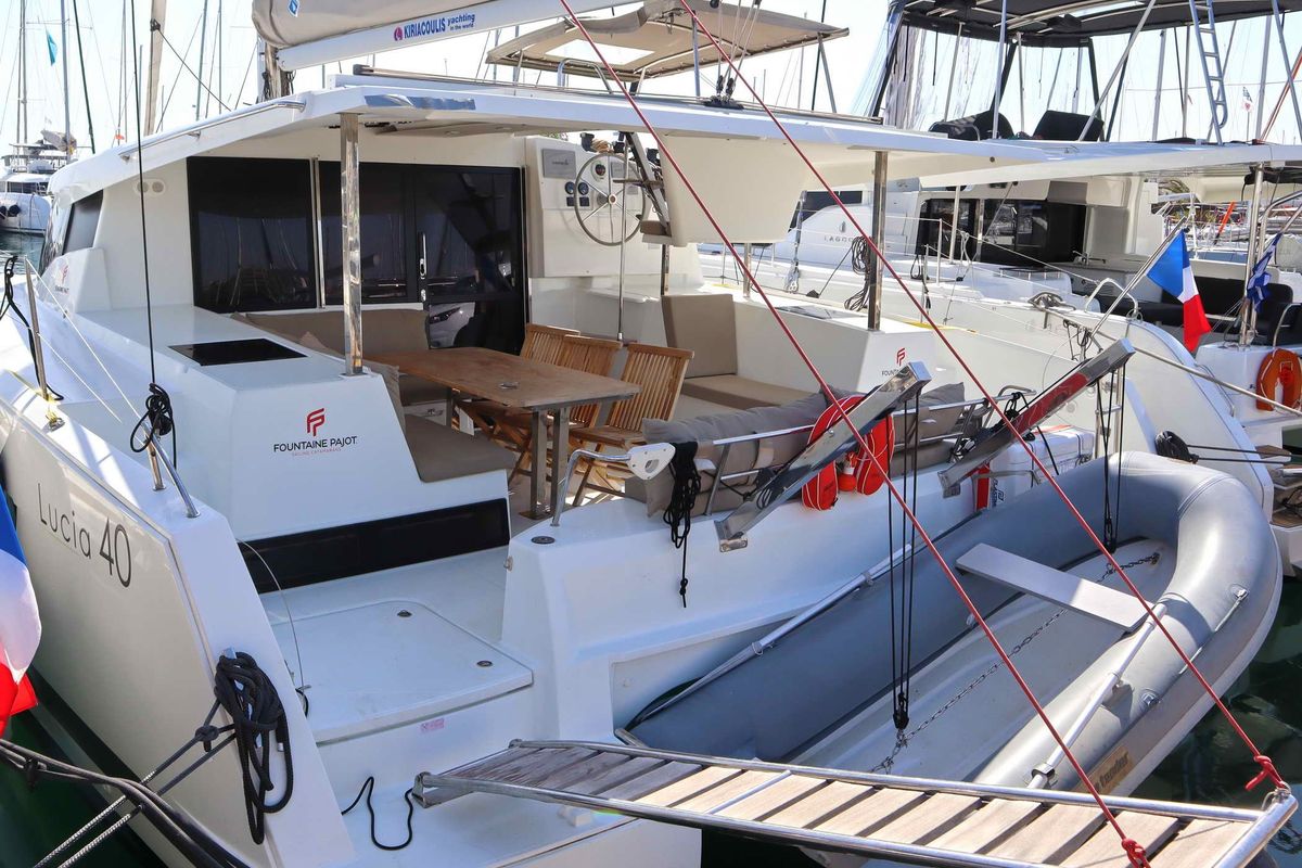 Exterior view of ALISA, a Fountaine Pajot Lucia 40 catamaran at Municipal Unit of Lefkada, Greece