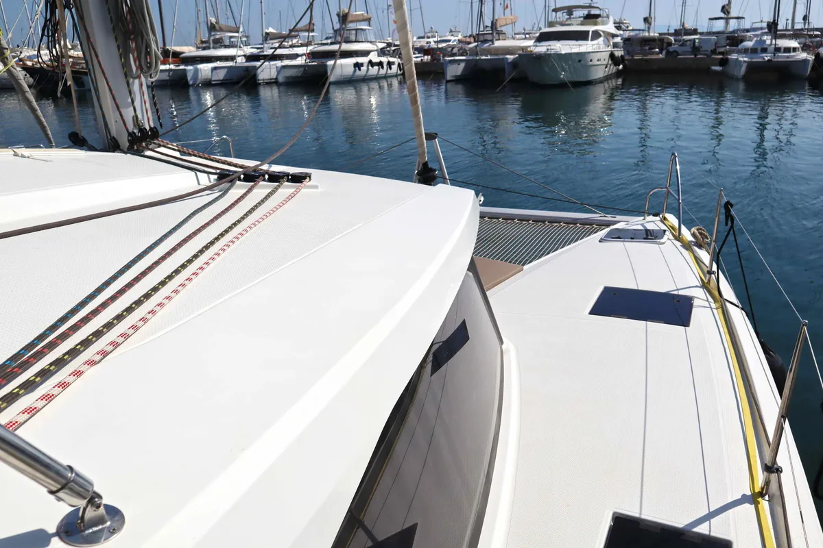 Deck of ALISA, a Fountaine Pajot Lucia 40 catamaran at Municipal Unit of Lefkada, Greece