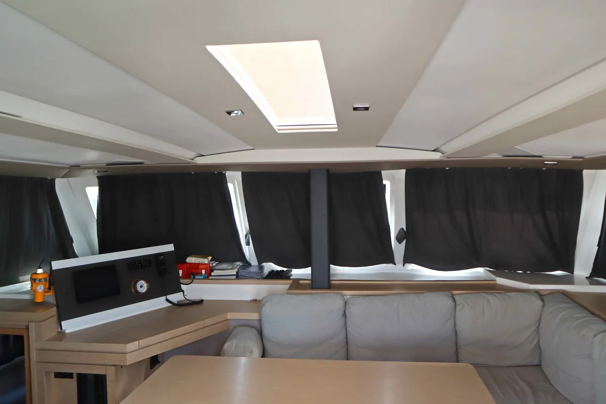 Salon of ALISA, a Fountaine Pajot Lucia 40 catamaran at Municipal Unit of Lefkada, Greece