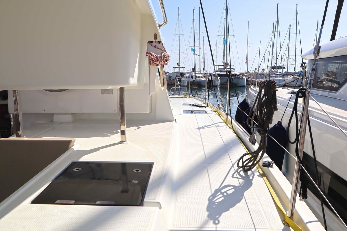 Deck of ALISA, a Fountaine Pajot Lucia 40 catamaran at Municipal Unit of Lefkada, Greece