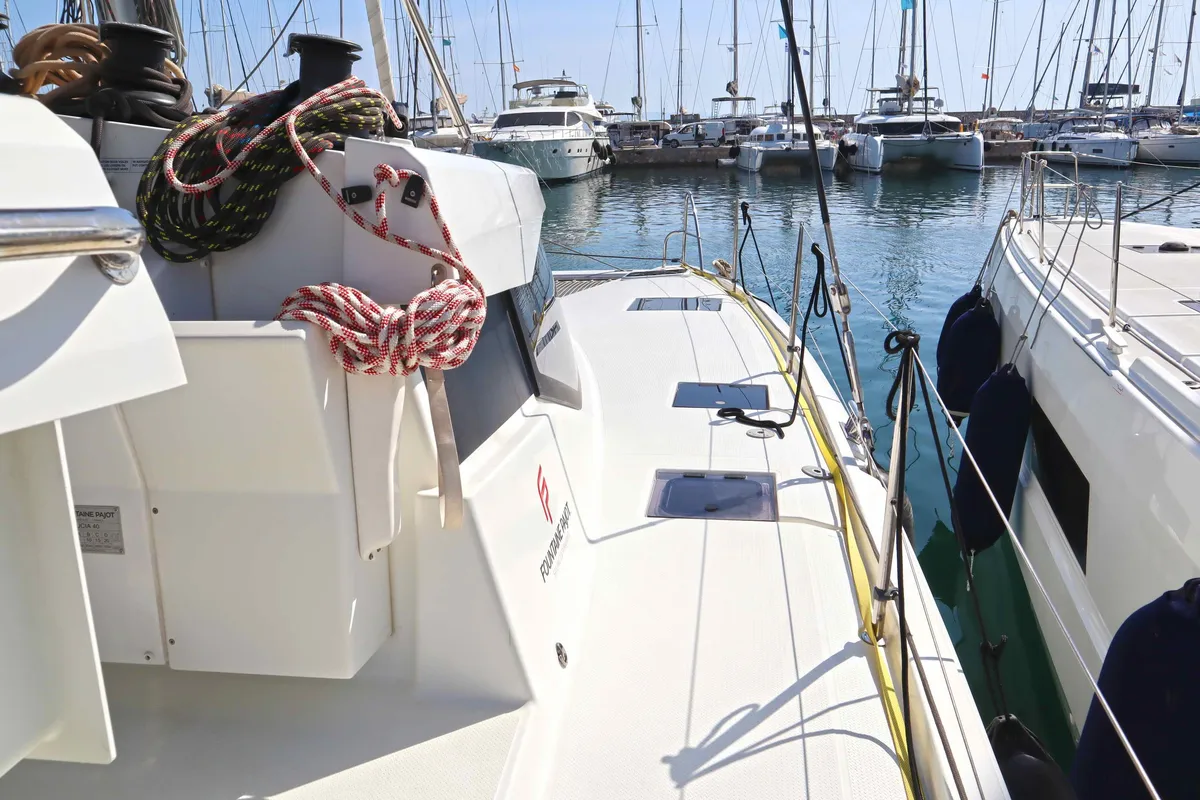 Exterior view of ALISA, a Fountaine Pajot Lucia 40 catamaran at Municipal Unit of Lefkada, Greece