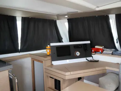 Cockpit of ALISA, a Fountaine Pajot Lucia 40 catamaran at Municipal Unit of Lefkada, Greece