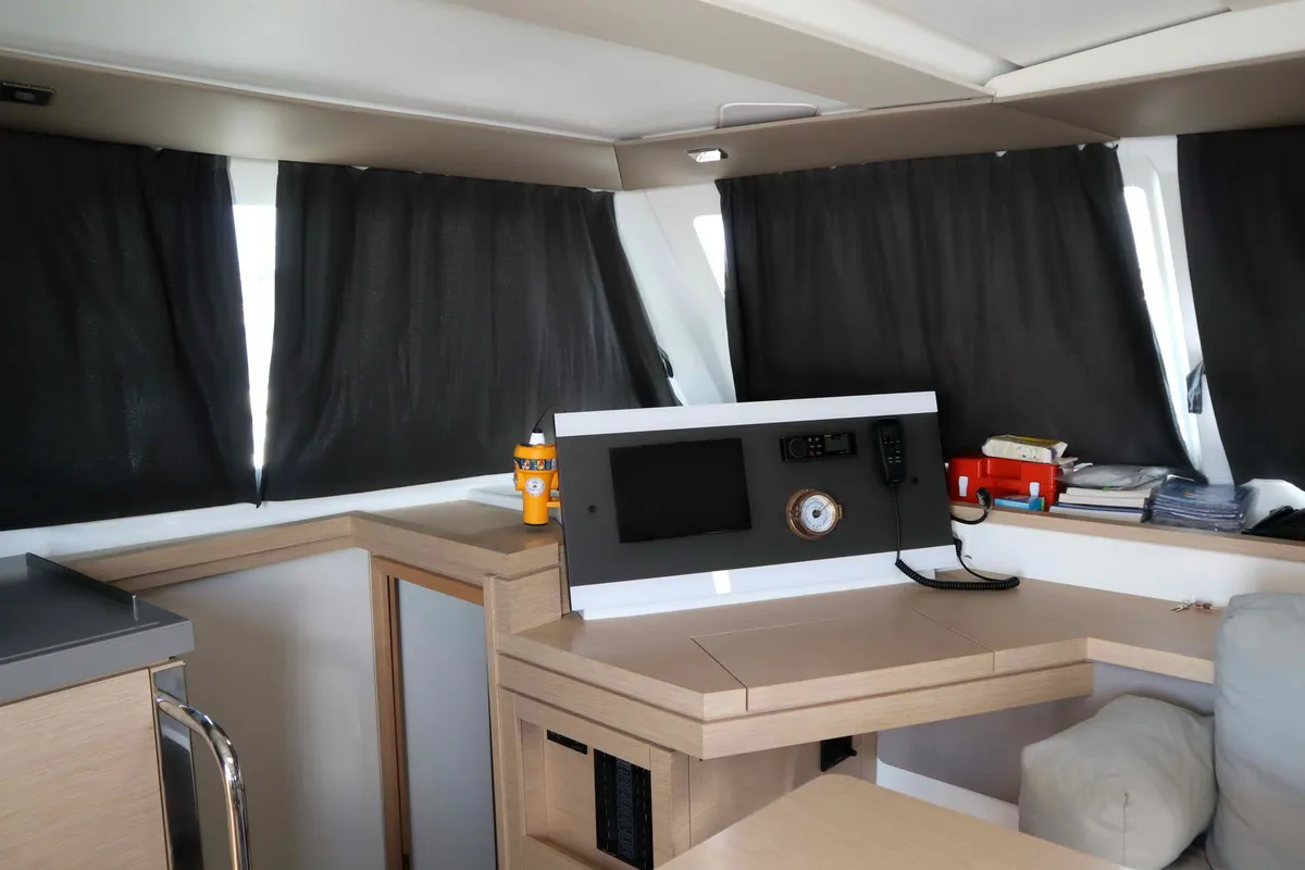 Cockpit of ALISA, a Fountaine Pajot Lucia 40 catamaran at Municipal Unit of Lefkada, Greece