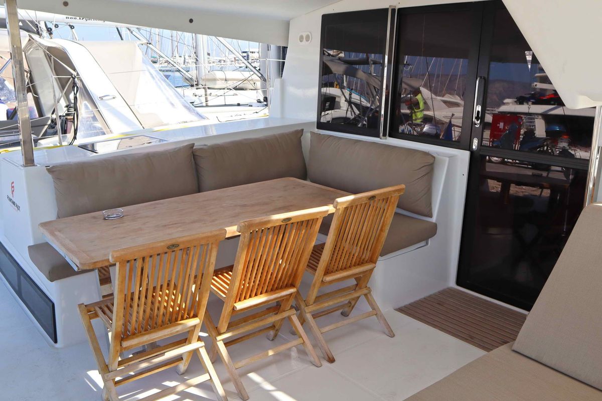 Deck of ALISA, a Fountaine Pajot Lucia 40 catamaran at Municipal Unit of Lefkada, Greece