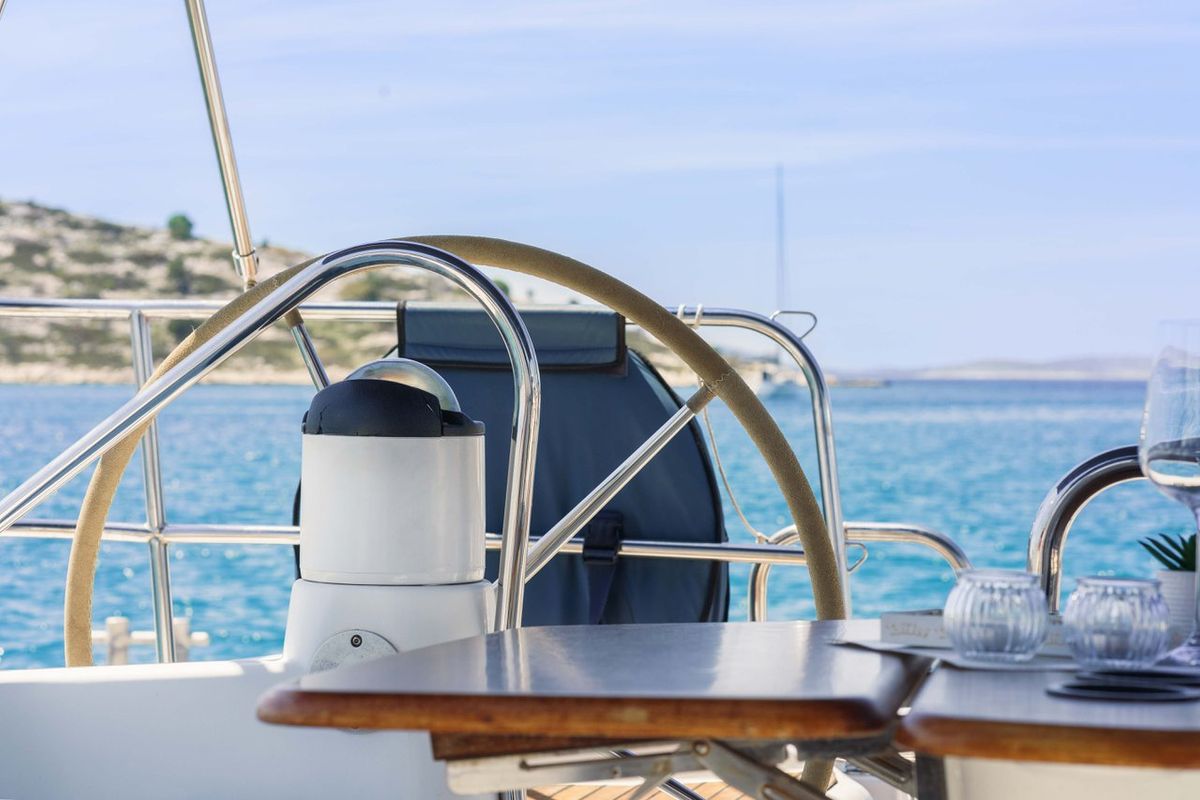 Cockpit of Ema, a Jeanneau Sun Odyssey 42i sailboat at Tribunj, Croatia