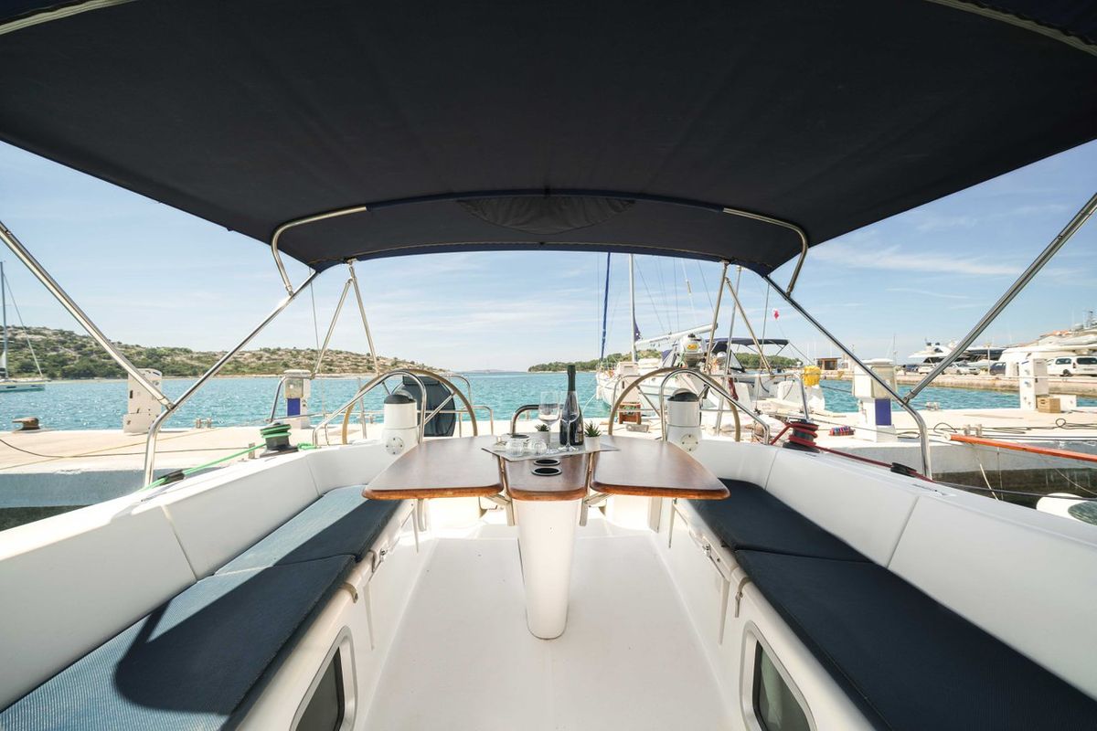 Deck of Ema, a Jeanneau Sun Odyssey 42i sailboat at Tribunj, Croatia