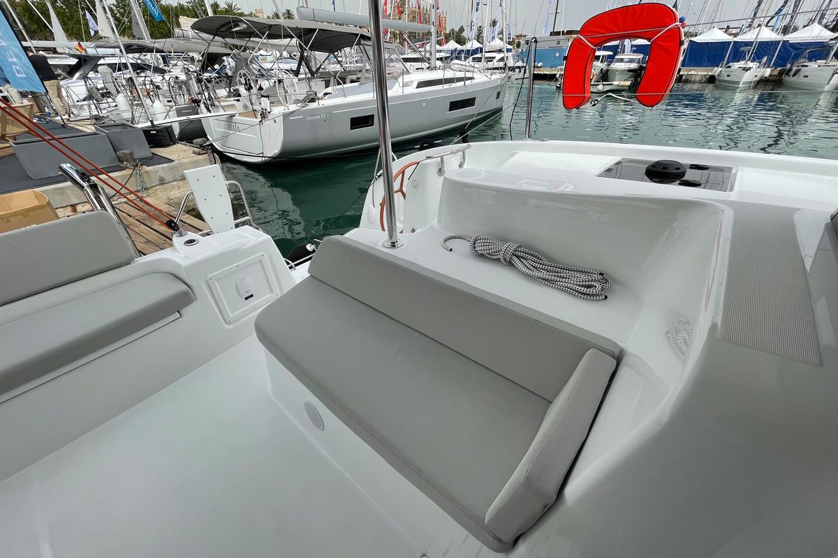 Deck of Saona, a Excess 11 catamaran at Ibiza, Spain