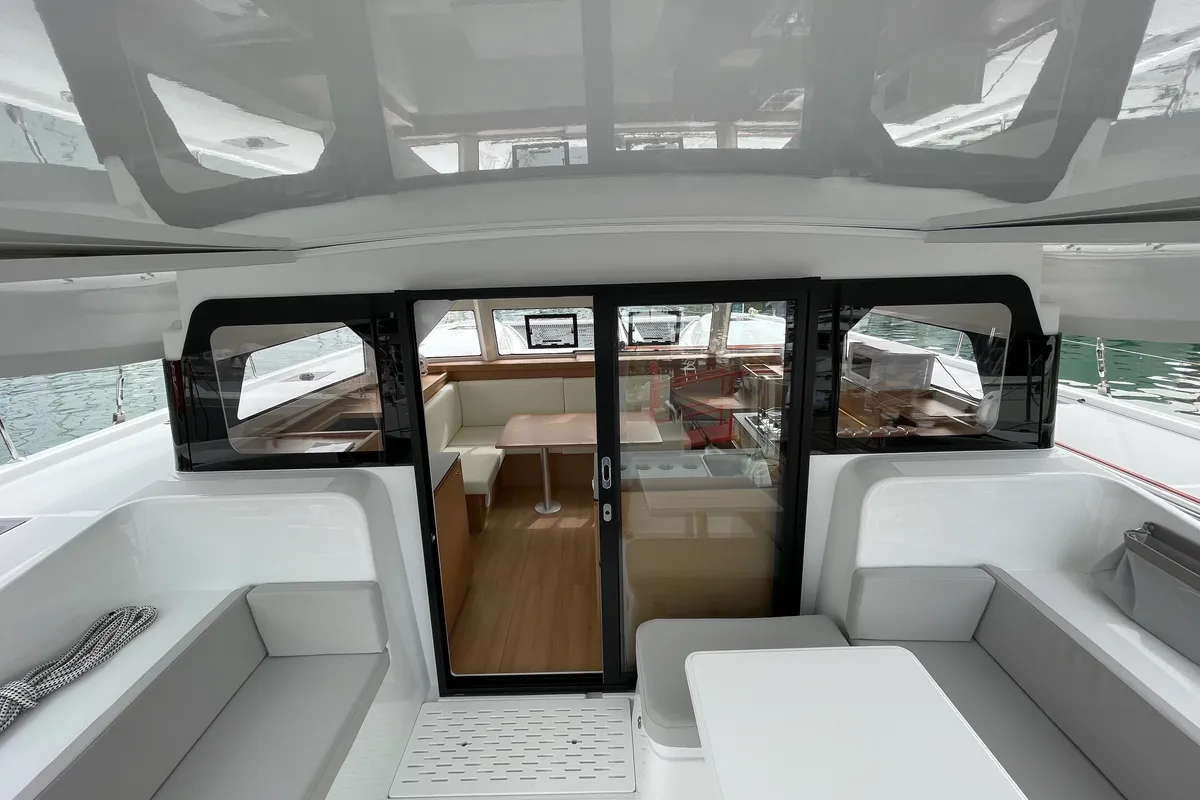 Deck of Saona, a Excess 11 catamaran at Ibiza, Spain