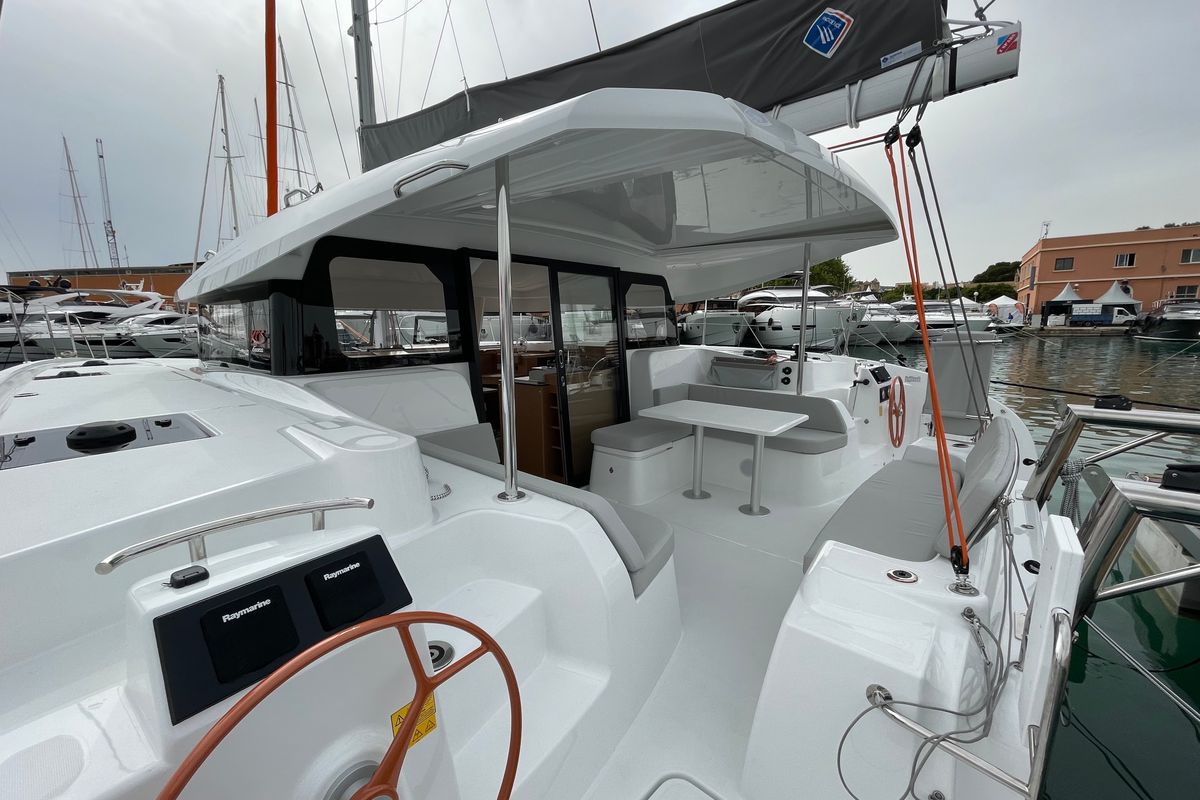 Cockpit of Saona, a Excess 11 catamaran at Ibiza, Spain