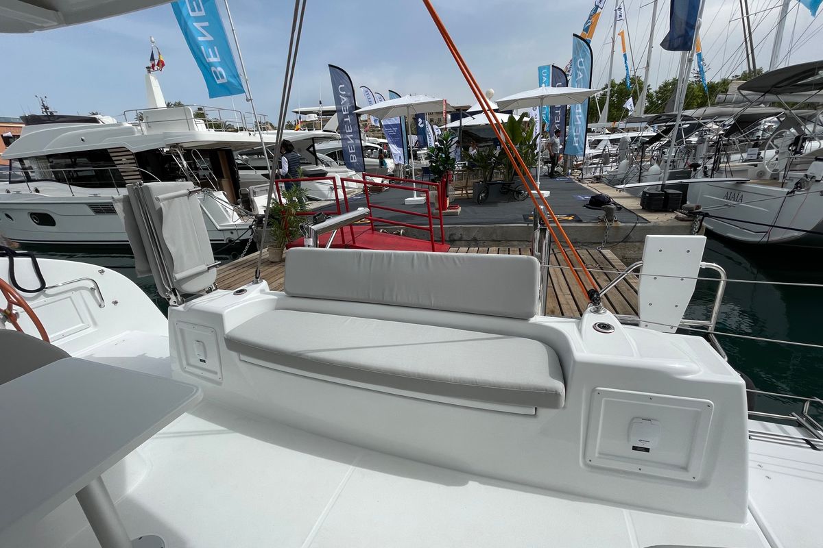 Deck of Saona, a Excess 11 catamaran at Ibiza, Spain