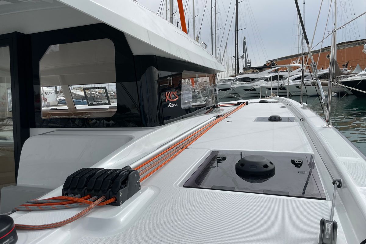 Deck of Saona, a Excess 11 catamaran at Ibiza, Spain