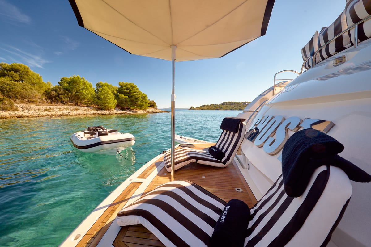 Deck of Ghost, a Sunseeker International Sunseeker Predator 72 yacht at Grad Kaštela, Croatia