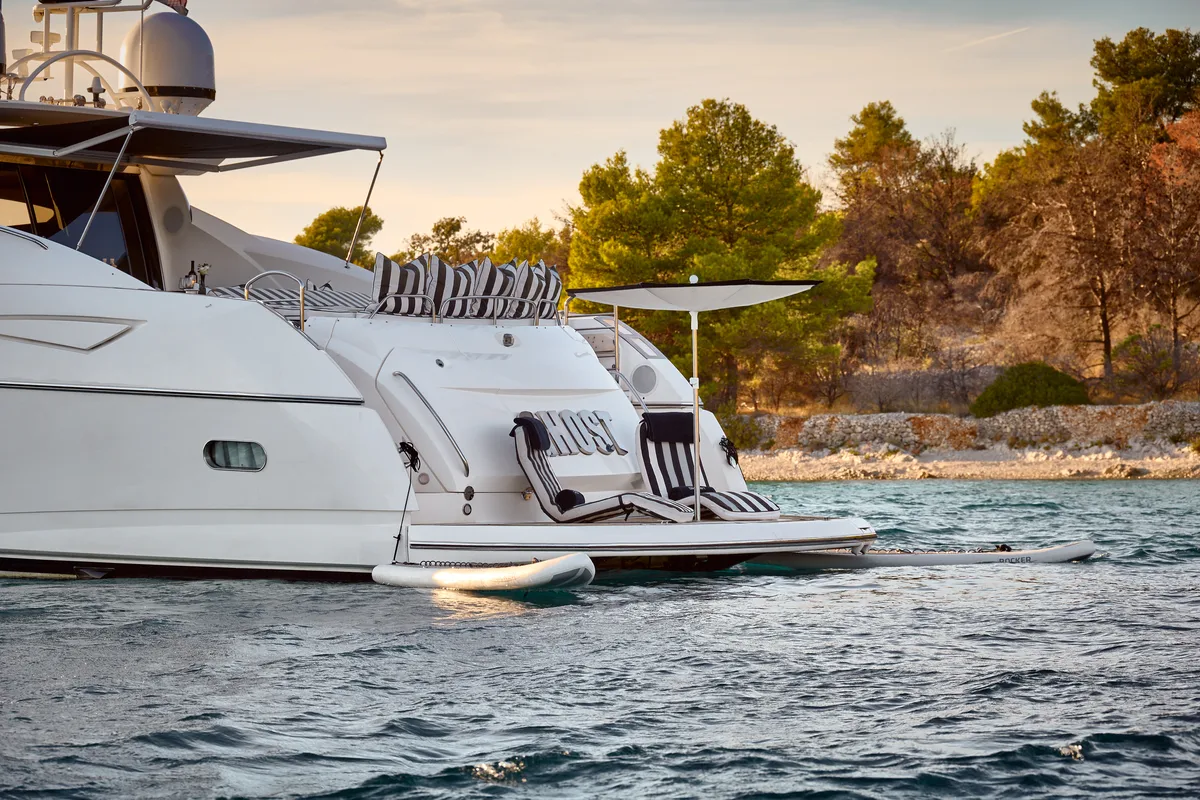 Deck of Ghost, a Sunseeker International Sunseeker Predator 72 yacht at Grad Kaštela, Croatia