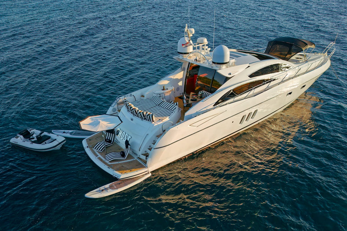 Exterior view of Ghost, a Sunseeker International Sunseeker Predator 72 yacht at Grad Kaštela, Croatia