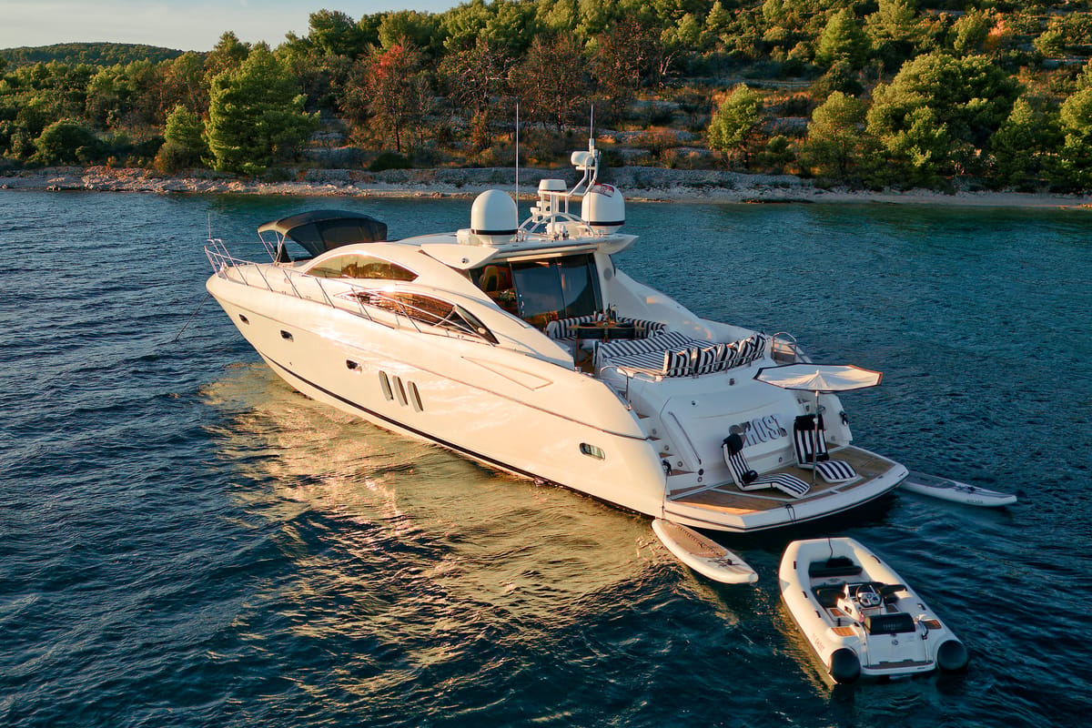 Exterior view of Ghost, a Sunseeker International Sunseeker Predator 72 yacht at Grad Kaštela, Croatia
