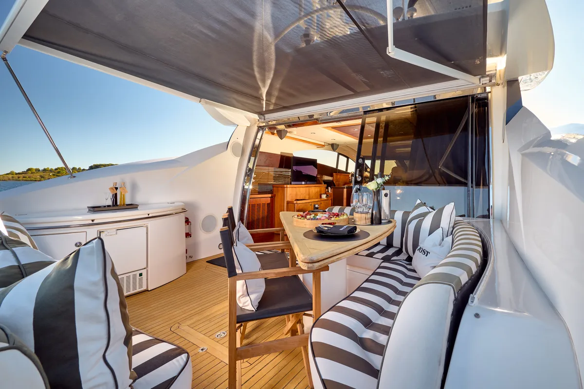 Deck of Ghost, a Sunseeker International Sunseeker Predator 72 yacht at Grad Kaštela, Croatia