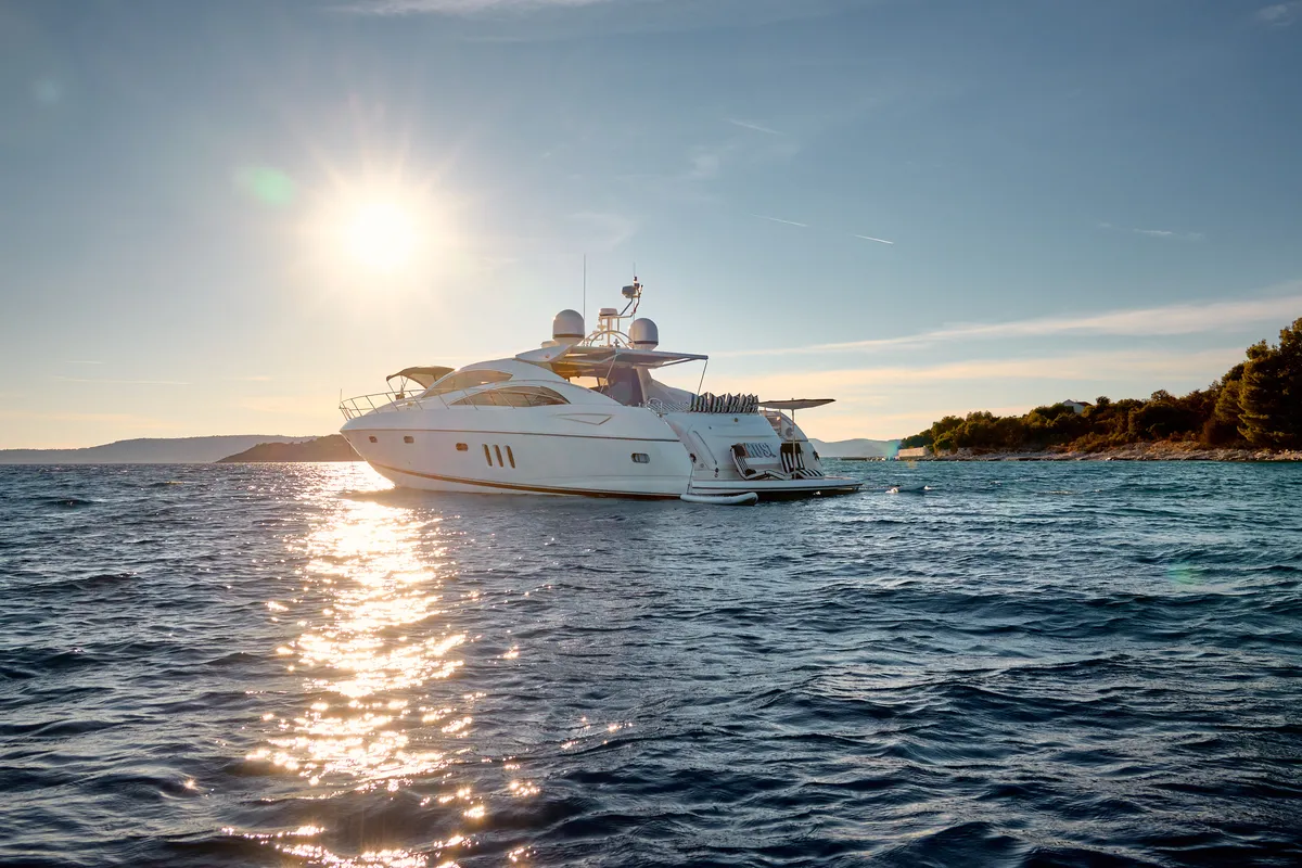 Exterior view of Ghost, a Sunseeker International Sunseeker Predator 72 yacht at Grad Kaštela, Croatia
