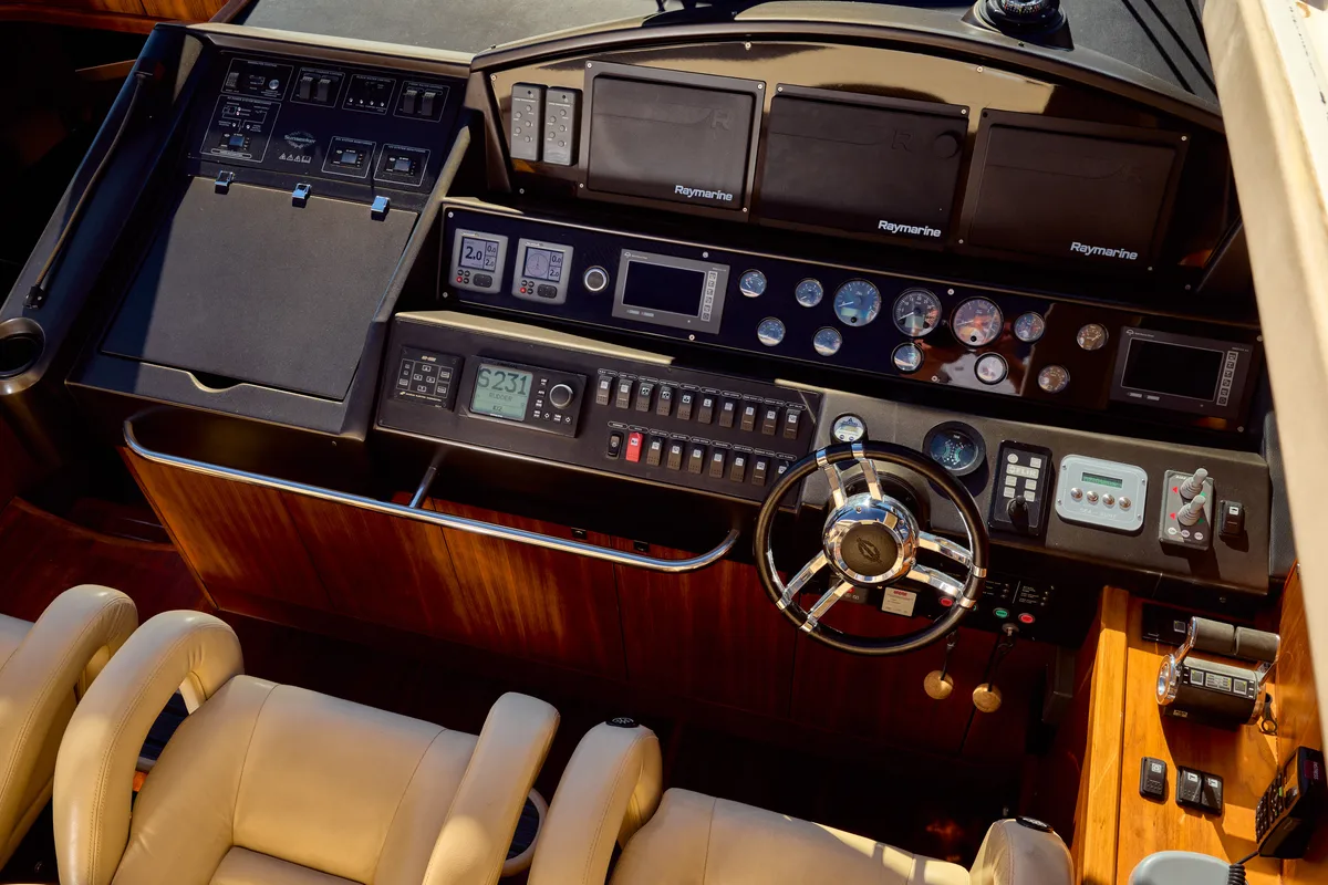 Cockpit of Ghost, a Sunseeker International Sunseeker Predator 72 yacht at Grad Kaštela, Croatia