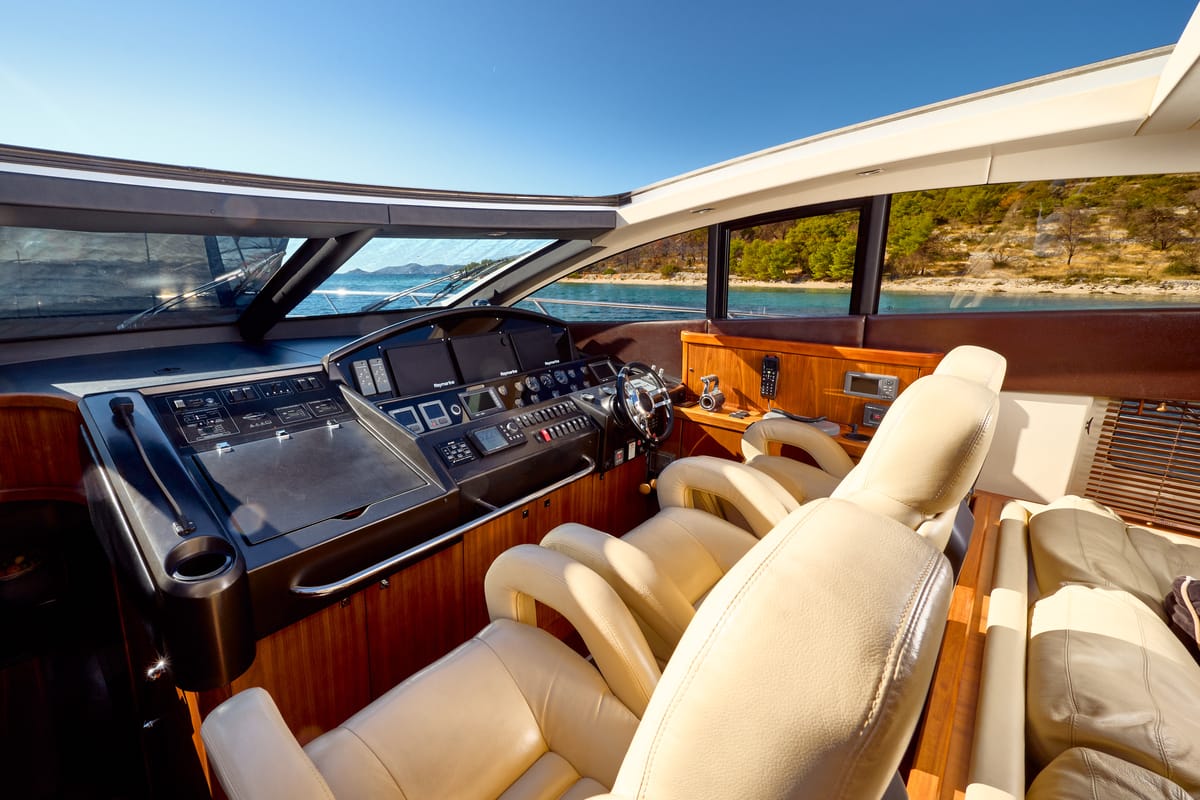 Cockpit of Ghost, a Sunseeker International Sunseeker Predator 72 yacht at Grad Kaštela, Croatia