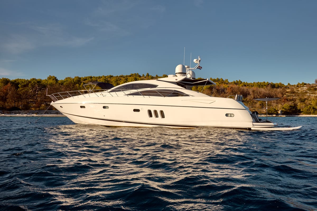 Exterior view of Ghost, a Sunseeker International Sunseeker Predator 72 yacht at Grad Kaštela, Croatia