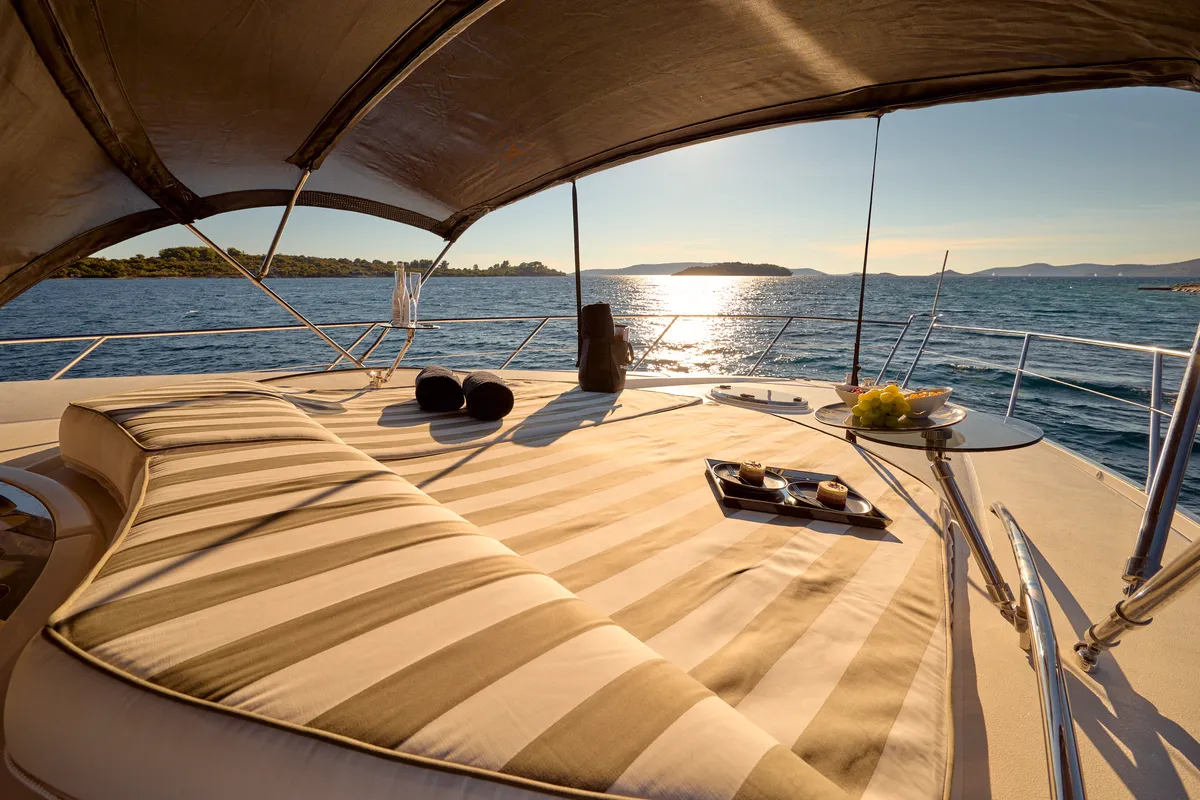 Deck of Ghost, a Sunseeker International Sunseeker Predator 72 yacht at Grad Kaštela, Croatia