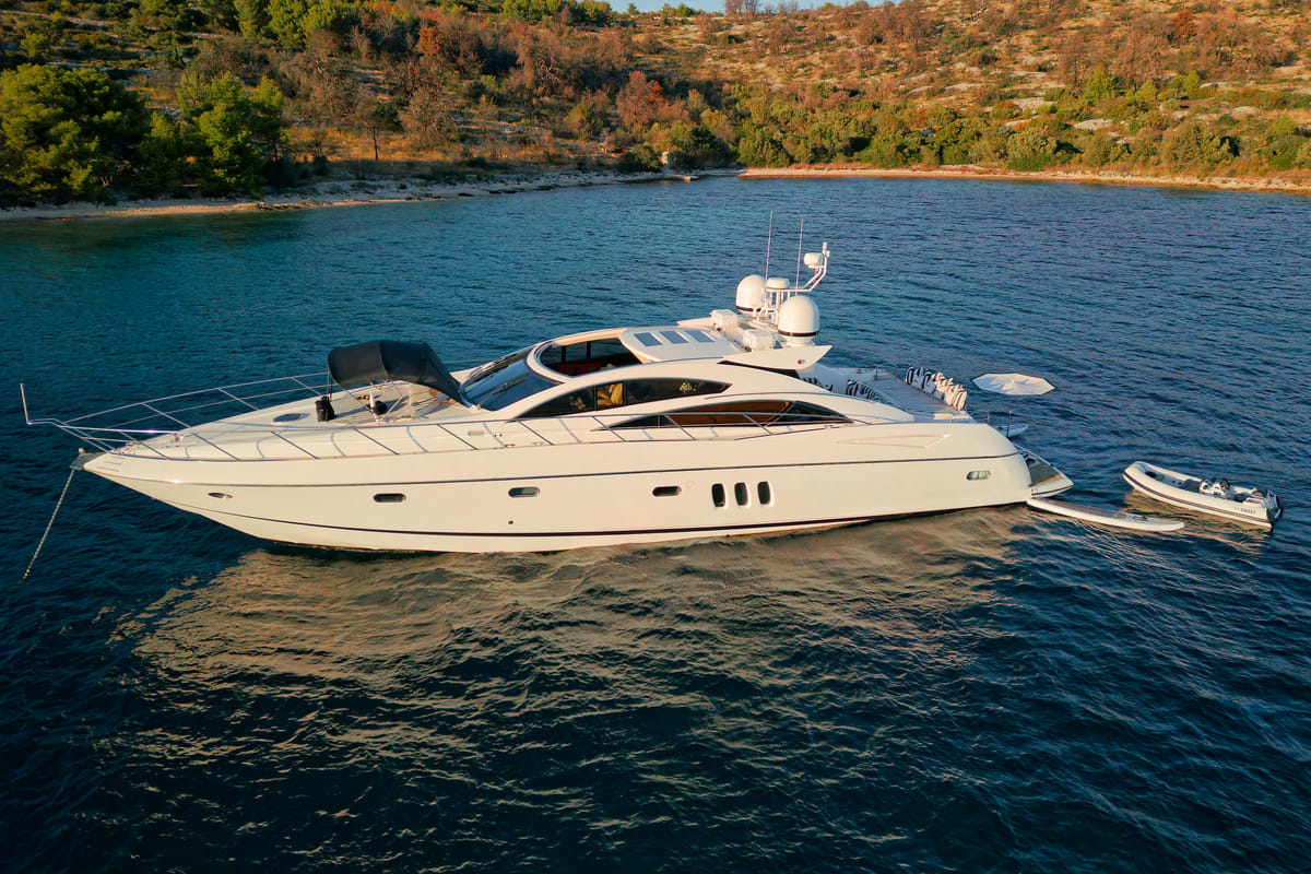 Exterior view of Ghost, a Sunseeker International Sunseeker Predator 72 yacht at Grad Kaštela, Croatia