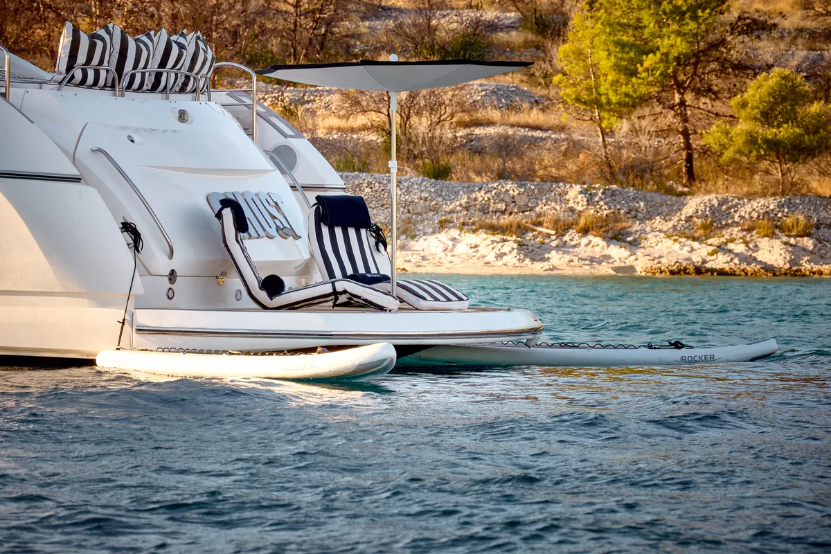 Exterior view of Ghost, a Sunseeker International Sunseeker Predator 72 yacht at Grad Kaštela, Croatia