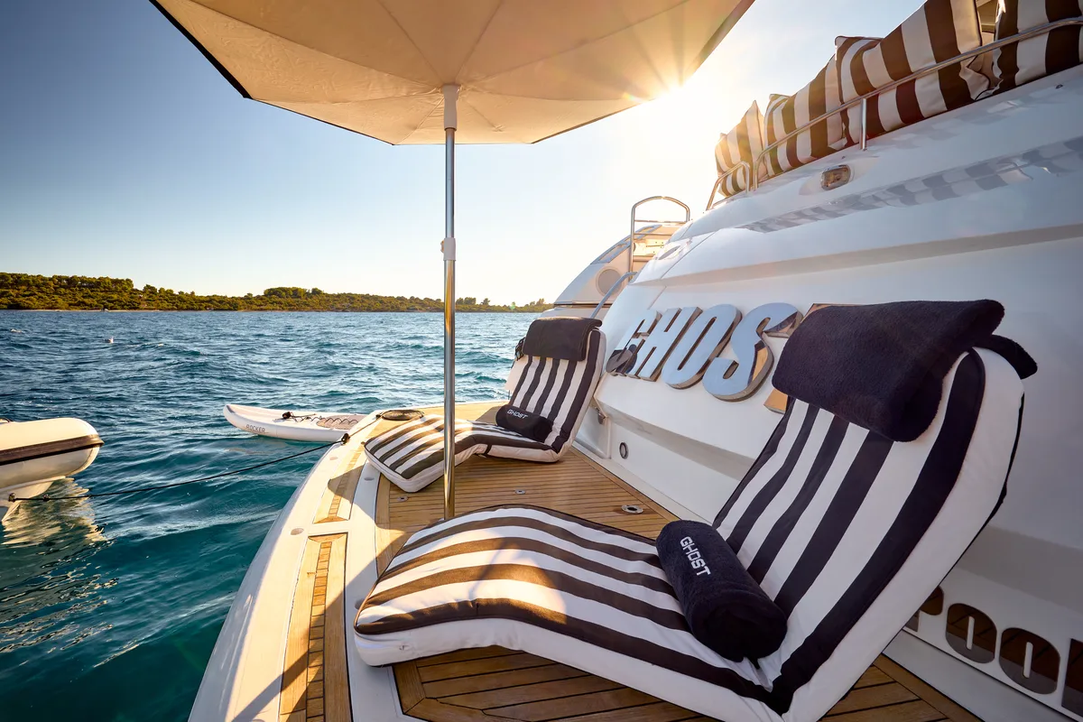 Deck of Ghost, a Sunseeker International Sunseeker Predator 72 yacht at Grad Kaštela, Croatia