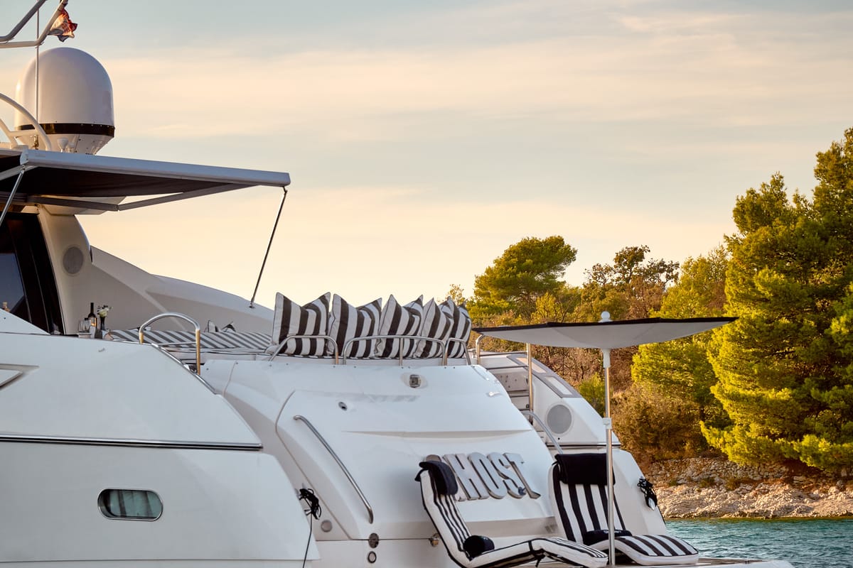 Exterior view of Ghost, a Sunseeker International Sunseeker Predator 72 yacht at Grad Kaštela, Croatia