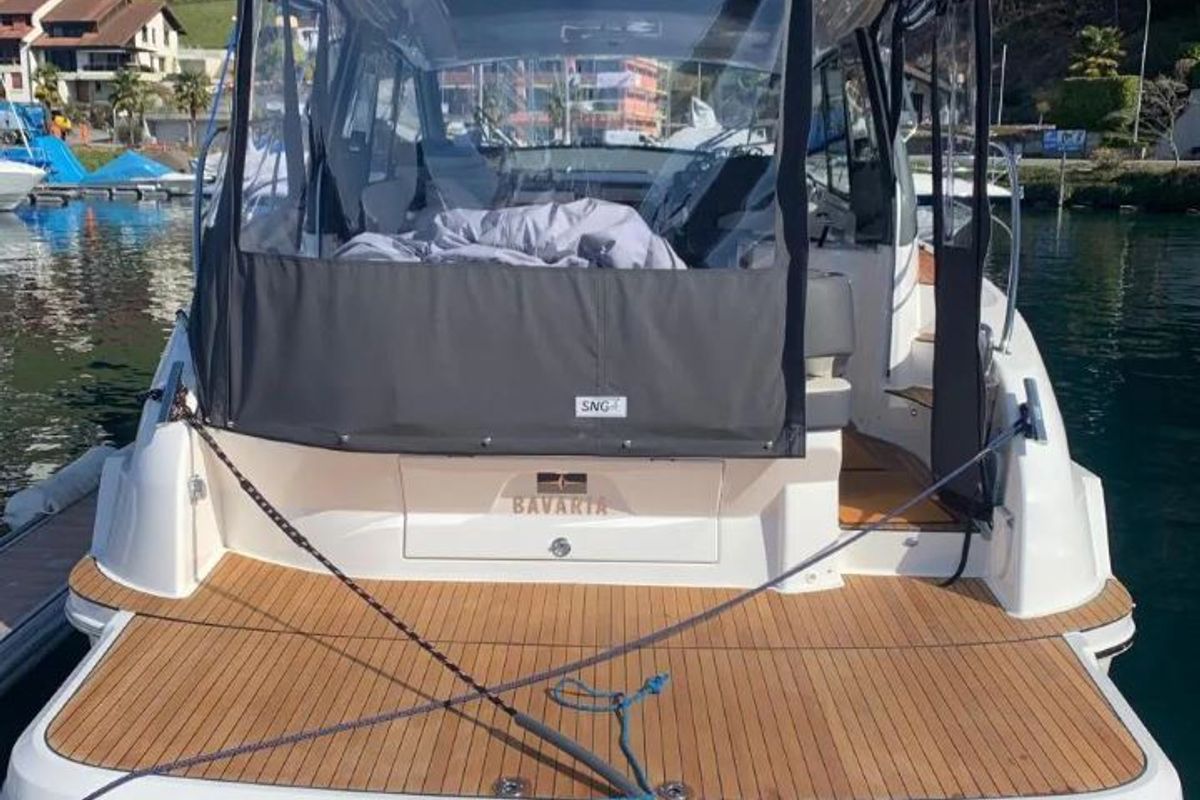 Exterior view of Coco, a Bavaria Sport 36 HT motorboat at Yerseke, Netherlands