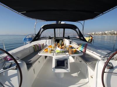 Cockpit of Lucky Dice, a Beneteau Cyclades 50.5 sailboat at Athens, Greece