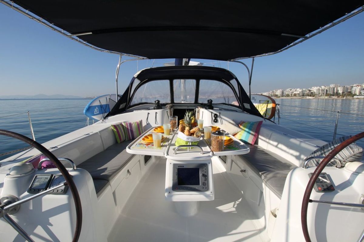 Cockpit of Lucky Dice, a Beneteau Cyclades 50.5 sailboat at Athens, Greece