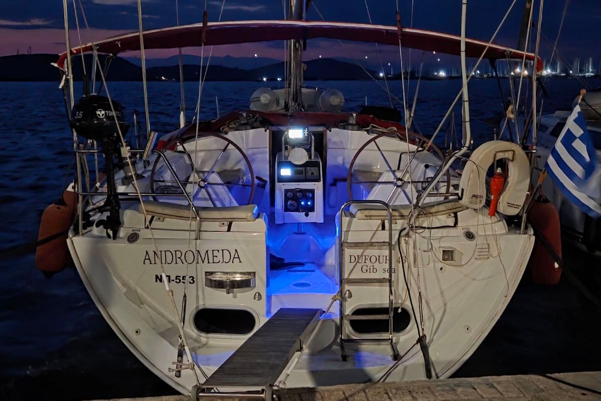 Exterior view of ANDROMEDA, a Dufour Gib Sea 43 sailboat at Preveza, Greece