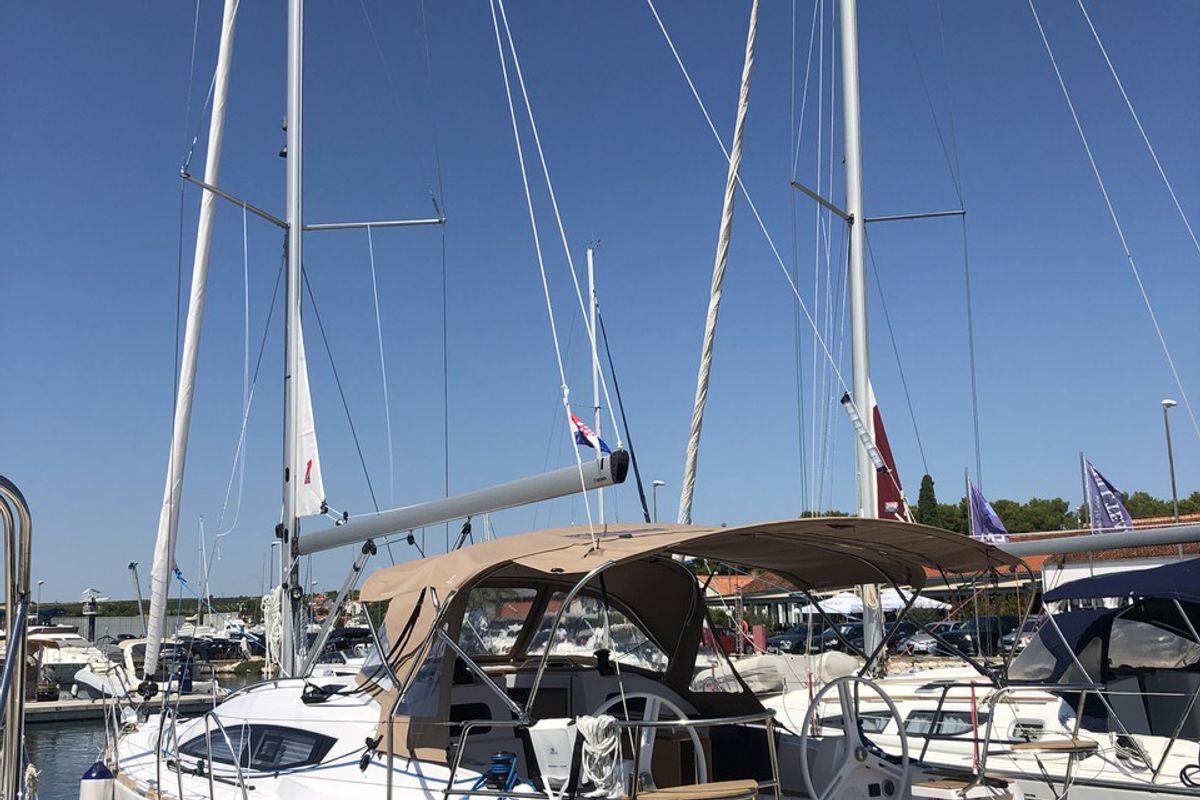 Exterior view of Pasithea, a Elan Impression 40 sailboat at Primošten, Croatia
