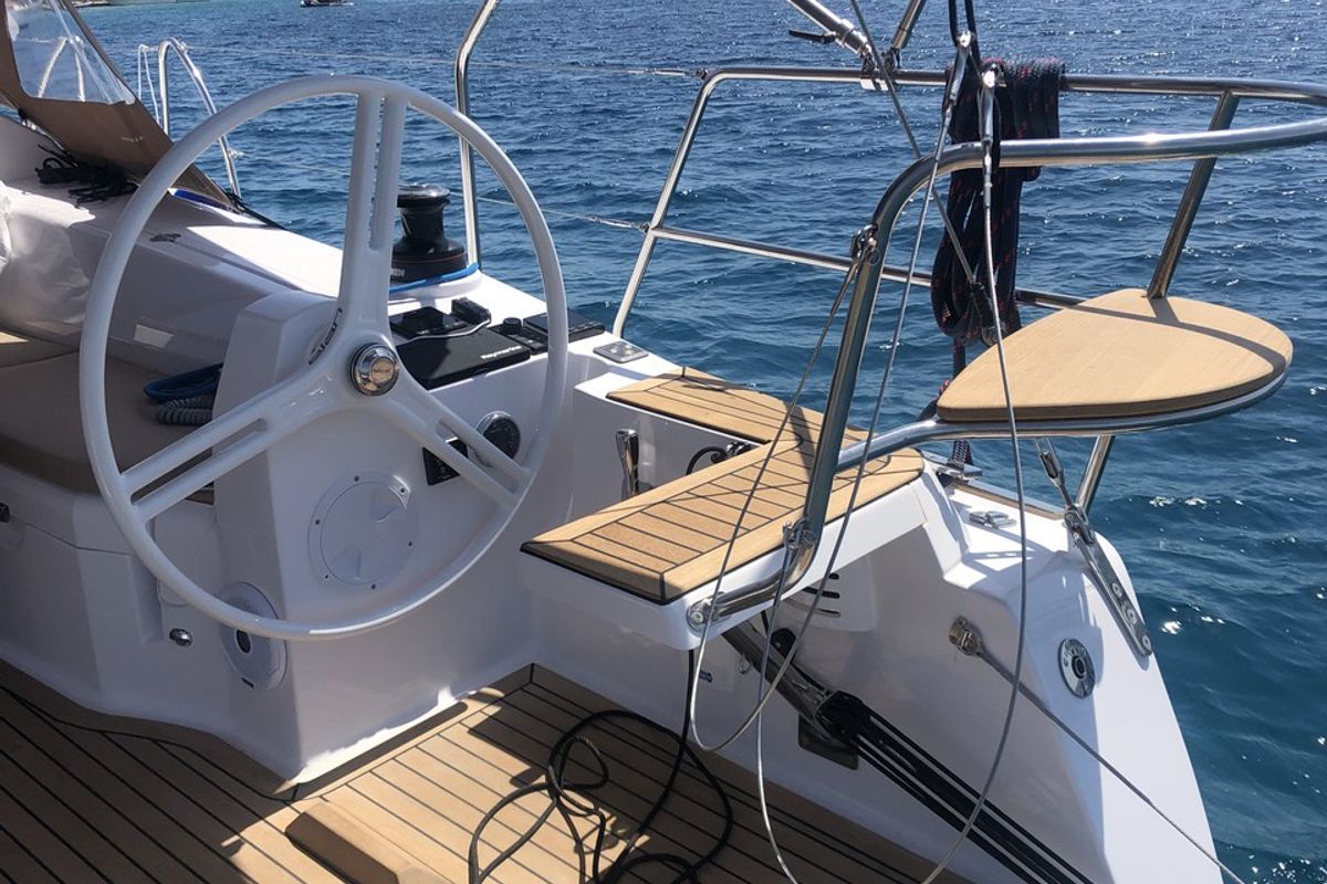 Cockpit of Pasithea, a Elan Impression 40 sailboat at Primošten, Croatia