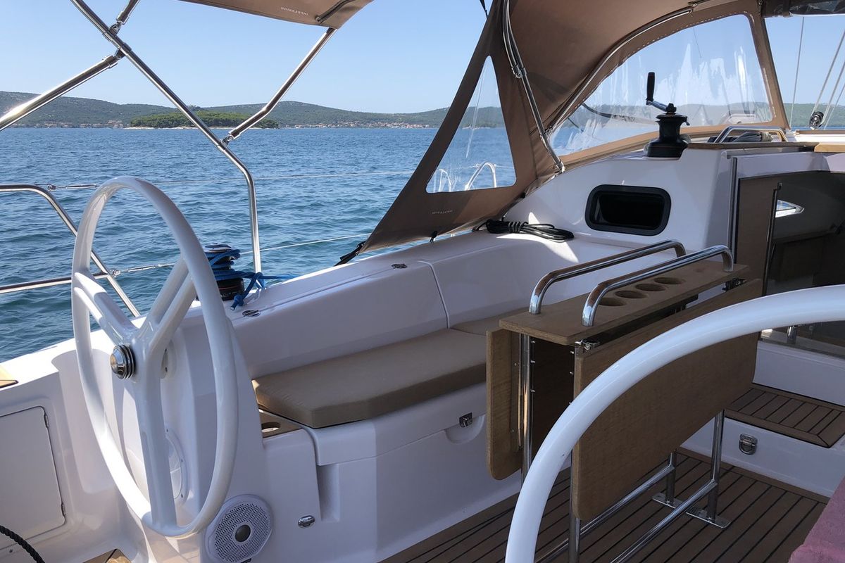 Cockpit of Pasithea, a Elan Impression 40 sailboat at Primošten, Croatia
