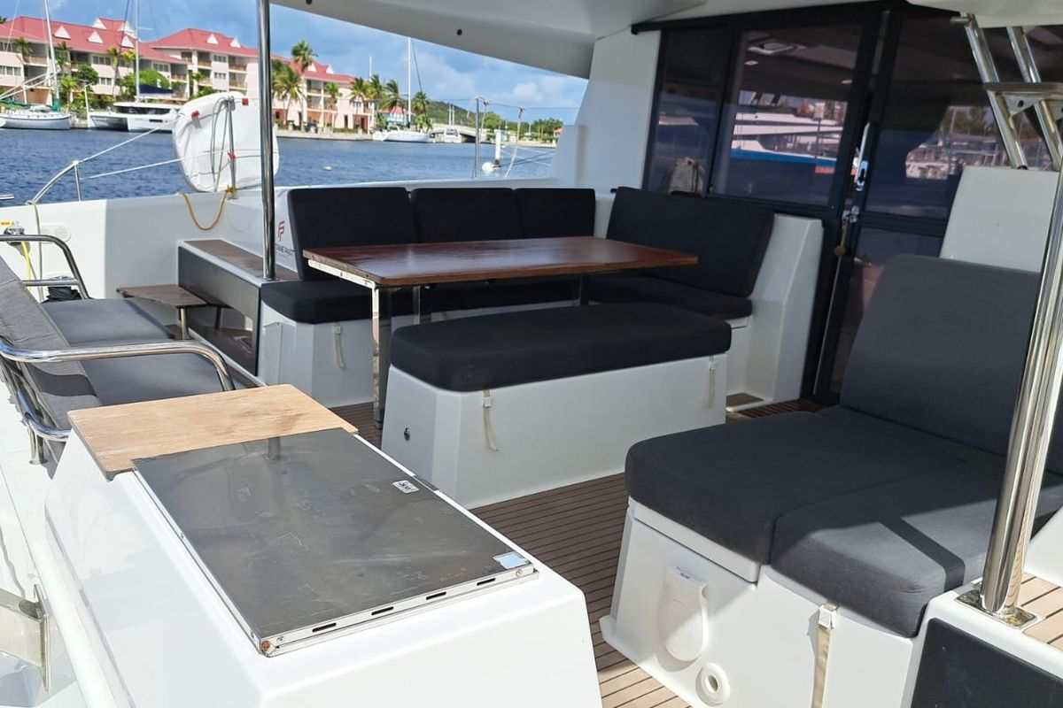 Deck of MARGUERITE, a Fountaine Pajot Astréa 42 catamaran at Propriano, France
