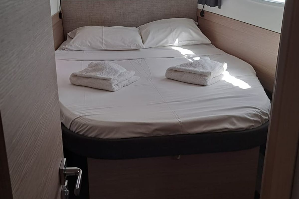 Cabin on MARGUERITE, a Fountaine Pajot Astréa 42 catamaran at Propriano, France