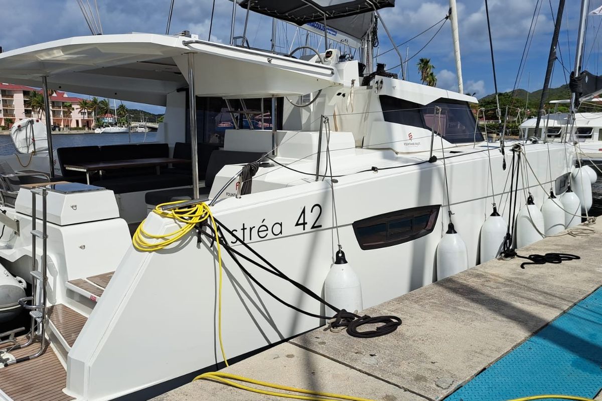 Exterior view of MARGUERITE, a Fountaine Pajot Astréa 42 catamaran at Propriano, France