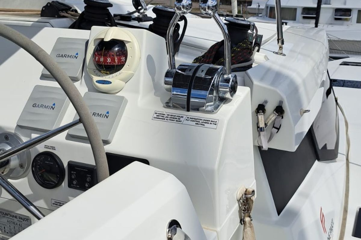 Cockpit of MARGUERITE, a Fountaine Pajot Astréa 42 catamaran at Propriano, France