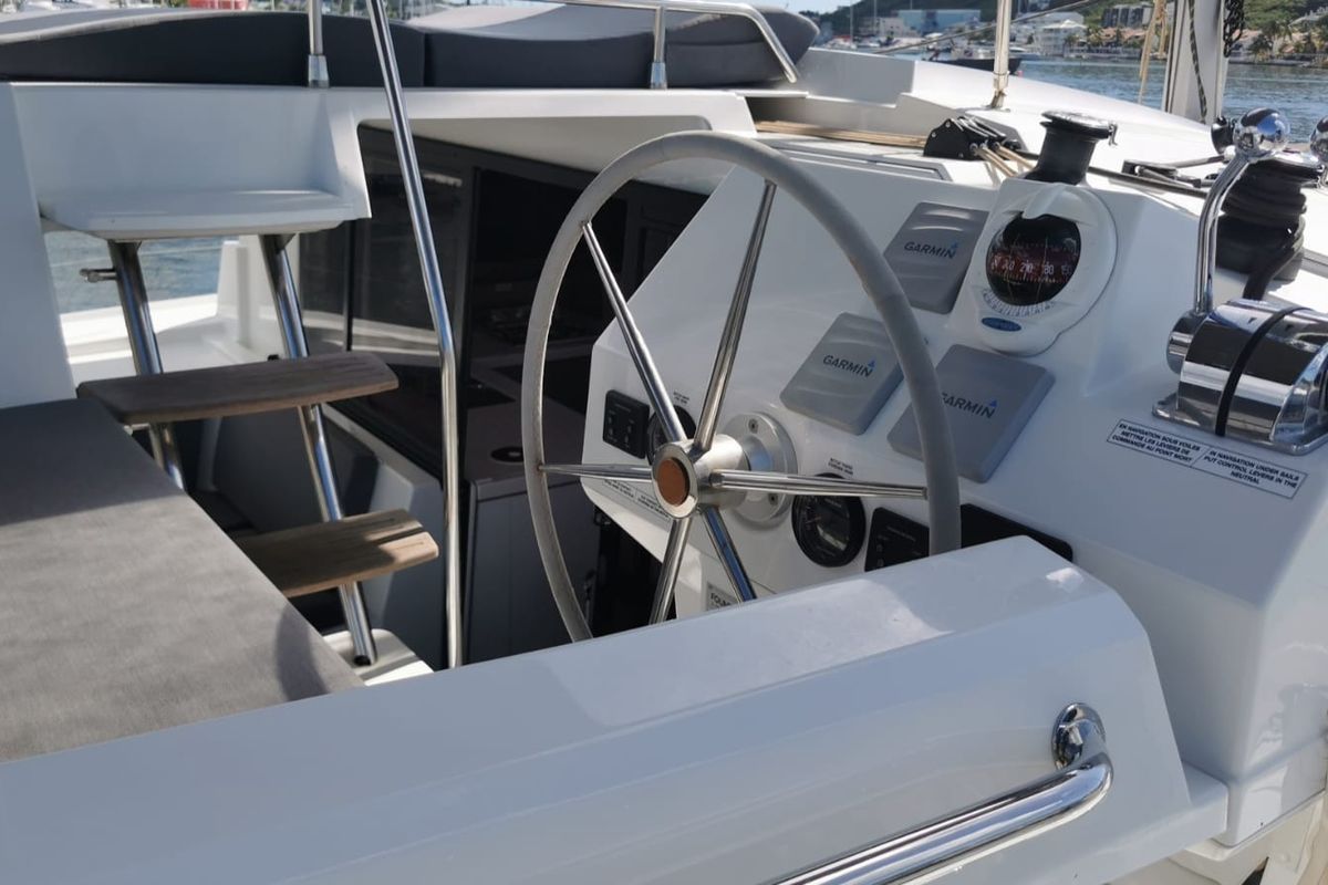 Cockpit of MARGUERITE, a Fountaine Pajot Astréa 42 catamaran at Propriano, France
