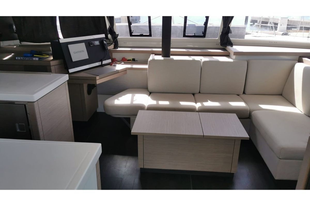 Salon of MARGUERITE, a Fountaine Pajot Astréa 42 catamaran at Propriano, France