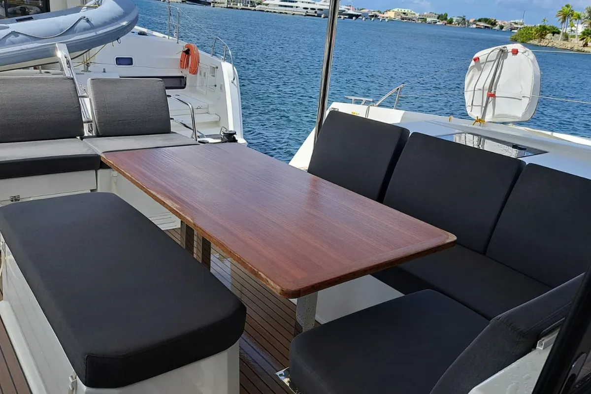 Deck of MARGUERITE, a Fountaine Pajot Astréa 42 catamaran at Propriano, France