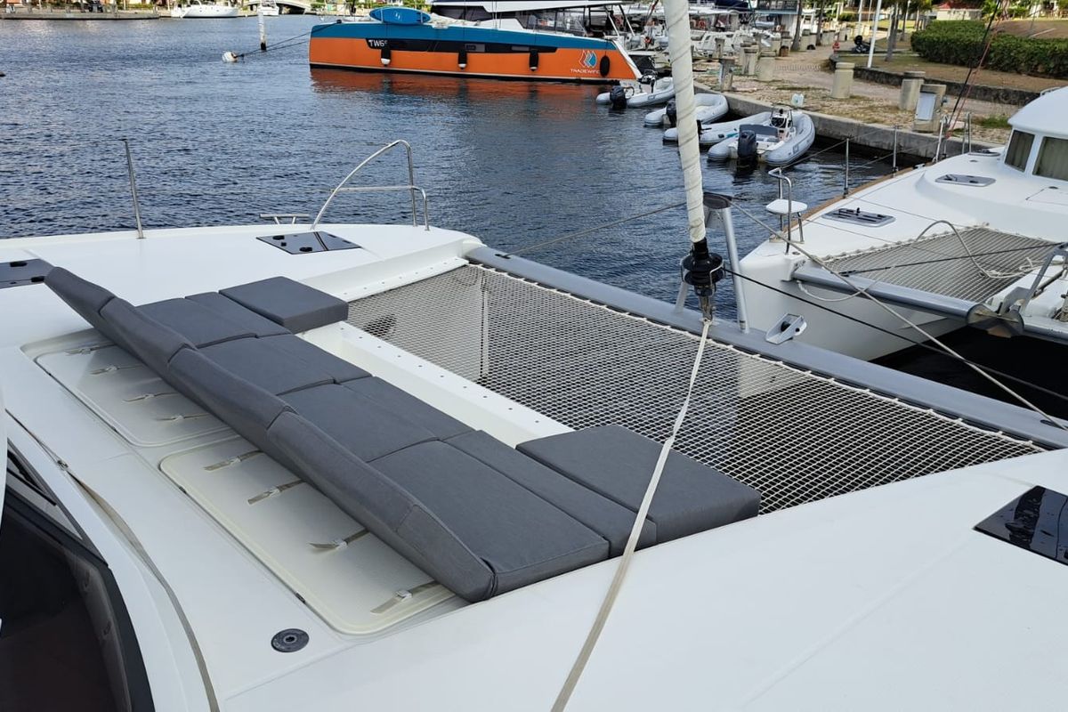 Deck of MARGUERITE, a Fountaine Pajot Astréa 42 catamaran at Propriano, France